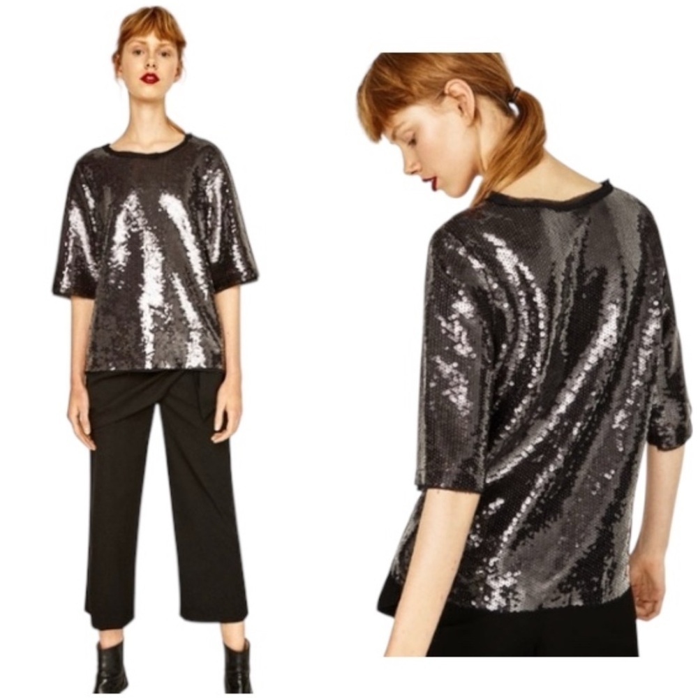ZARA Women’s Black Silver Sequin Relaxed Disco Top Size S